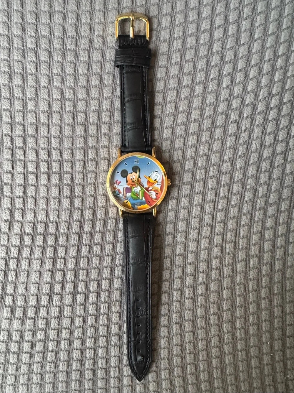 Vintage Disney Mickey Donald Daisy Watch Gold Tone Black Genuine Leather Band